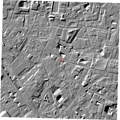 Shaded relief map of the ground around SE14QH, computed from Environment Agency LiDAR. The ground here sits at about 3 m above sea level and falls 9 m across the surrounding 800 m. Surface water reaching this point runs off ground lying to the east-south-east, 4.2 m higher.