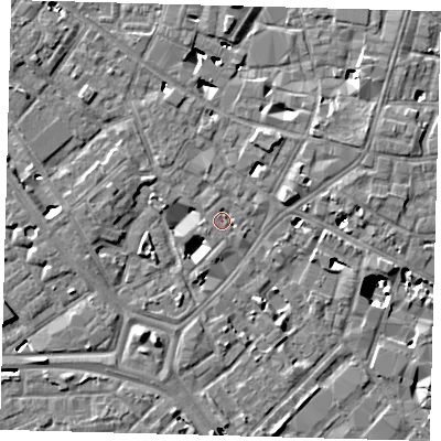 Shaded relief map of the ground around SE14QN, computed from Environment Agency LiDAR. The ground here sits at about 3 m above sea level and falls 8 m across the surrounding 800 m. Surface water reaching this point runs off ground lying to the north-north-east, 1.2 m higher.