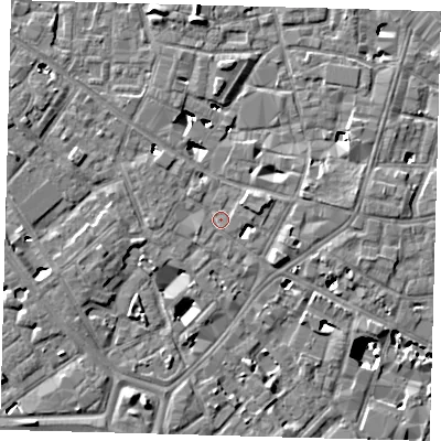 Shaded relief map of the ground around SE14QQ, computed from Environment Agency LiDAR. The ground here sits at about 3 m above sea level and falls 9 m across the surrounding 800 m. Surface water reaching this point runs off ground lying to the east, 1.6 m higher.