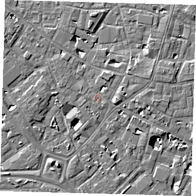 Shaded relief map of the ground around SE14QR, computed from Environment Agency LiDAR. The ground here sits at about 3 m above sea level and falls 8 m across the surrounding 800 m. Surface water reaching this point runs off ground lying to the north-north-east, 1.6 m higher.