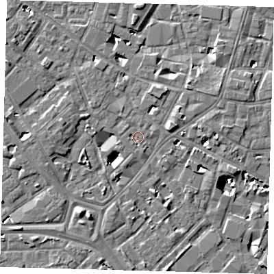 Shaded relief map of the ground around SE14QW, computed from Environment Agency LiDAR. The ground here sits at about 3 m above sea level and falls 8 m across the surrounding 800 m. Surface water reaching this point runs off ground lying to the north, 1.2 m higher.