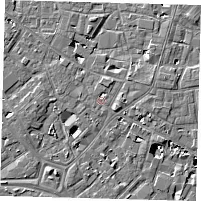 Shaded relief map of the ground around SE14QX, computed from Environment Agency LiDAR. The ground here sits at about 3 m above sea level and falls 8 m across the surrounding 800 m. Surface water reaching this point runs off ground lying to the north-north-east, 1.6 m higher.