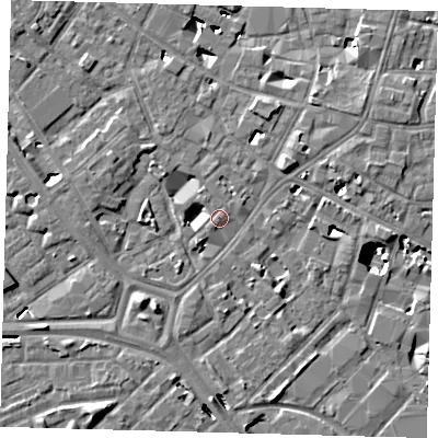 Shaded relief map of the ground around SE14QZ, computed from Environment Agency LiDAR. The ground here sits at about 3 m above sea level and falls 8 m across the surrounding 800 m. Surface water reaching this point runs off ground lying to the south-west, 4.6 m higher.