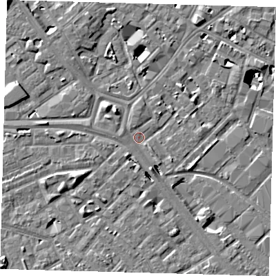 Shaded relief map of the ground around SE14RF, computed from Environment Agency LiDAR. The ground here sits at about 3 m above sea level and falls 8 m across the surrounding 800 m. Surface water reaching this point runs off ground lying to the west, 0.9 m higher.