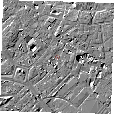 Shaded relief map of the ground around SE14RP, computed from Environment Agency LiDAR. The ground here sits at about 2 m above sea level and falls 8 m across the surrounding 800 m. Surface water reaching this point runs off ground lying to the west-south-west, 5.1 m higher.