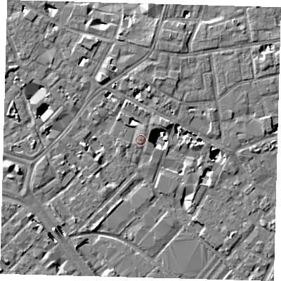 Shaded relief map of the ground around SE14SB, computed from Environment Agency LiDAR. The ground here sits at about 3 m above sea level and falls 8 m across the surrounding 800 m. Surface water reaching this point runs off ground lying to the north-north-east, 3.3 m higher.