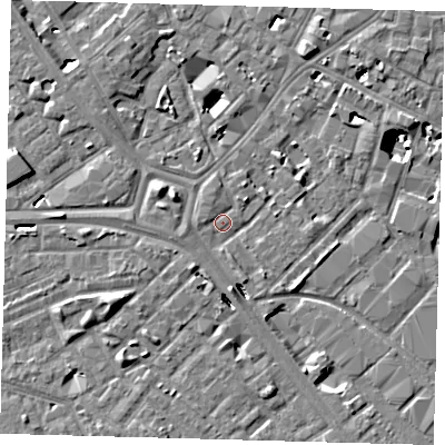 Shaded relief map of the ground around SE14SG, computed from Environment Agency LiDAR. The ground here sits at about 2 m above sea level and falls 8 m across the surrounding 800 m. Surface water reaching this point runs off ground lying to the south-south-east, 1.7 m higher.