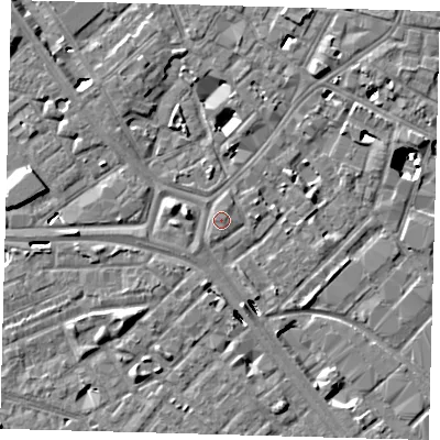 Shaded relief map of the ground around SE14SH, computed from Environment Agency LiDAR. The ground here sits at about 3 m above sea level and falls 8 m across the surrounding 800 m. Surface water reaching this point runs off ground lying to the south-west, 0.7 m higher.