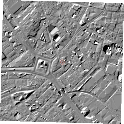 Shaded relief map of the ground around SE14SL, computed from Environment Agency LiDAR. The ground here sits at about 3 m above sea level and falls 8 m across the surrounding 800 m. Surface water reaching this point runs off ground lying to the south-west, 1.0 m higher.