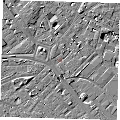 Shaded relief map of the ground around SE14SN, computed from Environment Agency LiDAR. The ground here sits at about 2 m above sea level and falls 8 m across the surrounding 800 m. Surface water reaching this point runs off ground lying to the south-south-east, 1.7 m higher.