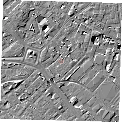 Shaded relief map of the ground around SE14SP, computed from Environment Agency LiDAR. The ground here sits at about 2 m above sea level and falls 8 m across the surrounding 800 m. Surface water reaching this point runs off ground lying to the south-south-west, 1.7 m higher.