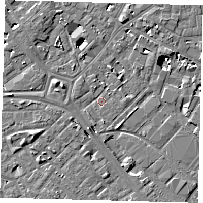 Shaded relief map of the ground around SE14SQ, computed from Environment Agency LiDAR. The ground here sits at about 2 m above sea level and falls 8 m across the surrounding 800 m. Surface water reaching this point runs off ground lying to the south-south-west, 1.7 m higher.
