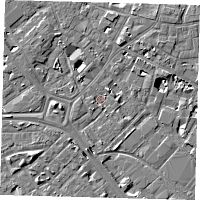Shaded relief map of the ground around SE14SR, computed from Environment Agency LiDAR. The ground here sits at about 2 m above sea level and falls 8 m across the surrounding 800 m. Surface water reaching this point runs off ground lying to the west-south-west, 4.6 m higher.