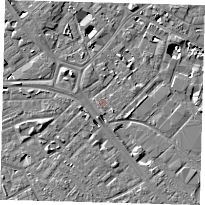 Shaded relief map of the ground around SE14SS, computed from Environment Agency LiDAR. The ground here sits at about 3 m above sea level and falls 8 m across the surrounding 800 m. Surface water reaching this point runs off ground lying to the south, 1.3 m higher.