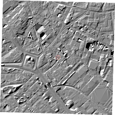 Shaded relief map of the ground around SE14SW, computed from Environment Agency LiDAR. The ground here sits at about 2 m above sea level and falls 8 m across the surrounding 800 m. Surface water reaching this point runs off ground lying to the south-south-west, 2.0 m higher.