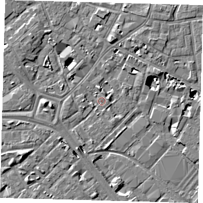 Shaded relief map of the ground around SE14SX, computed from Environment Agency LiDAR. The ground here sits at about 2 m above sea level and falls 8 m across the surrounding 800 m. Surface water reaching this point runs off ground lying to the south-south-west, 2.0 m higher.