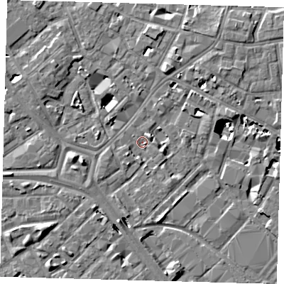 Shaded relief map of the ground around SE14SY, computed from Environment Agency LiDAR. The ground here sits at about 2 m above sea level and falls 8 m across the surrounding 800 m. Surface water reaching this point runs off ground lying to the west-south-west, 4.6 m higher.