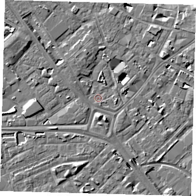 Shaded relief map of the ground around SE14TD, computed from Environment Agency LiDAR. The ground here sits at about 2 m above sea level and falls 6 m across the surrounding 800 m. Surface water reaching this point runs off ground lying to the east, 1.2 m higher.