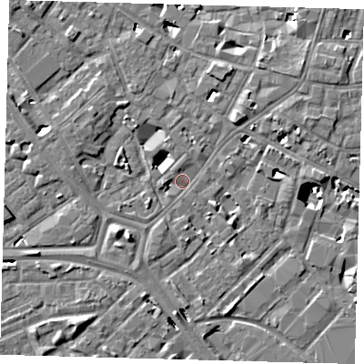 Shaded relief map of the ground around SE14TL, computed from Environment Agency LiDAR. The ground here sits at about 2 m above sea level and falls 8 m across the surrounding 800 m. Surface water reaching this point runs off ground lying to the south-west, 4.6 m higher.