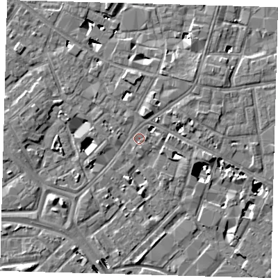 Shaded relief map of the ground around SE14TP, computed from Environment Agency LiDAR. The ground here sits at about 3 m above sea level and falls 8 m across the surrounding 800 m. Surface water reaching this point runs off ground lying to the north-east, 3.1 m higher.