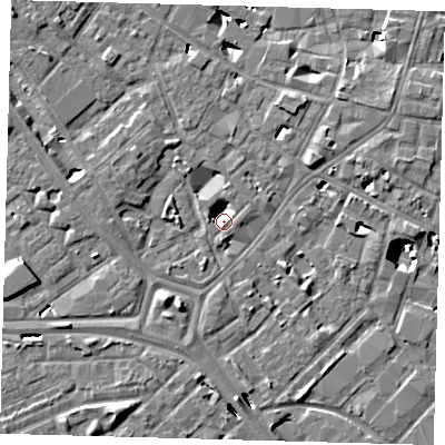 Shaded relief map of the ground around SE14TQ, computed from Environment Agency LiDAR. The ground here sits at about 2 m above sea level and falls 8 m across the surrounding 800 m. Surface water reaching this point runs off ground lying to the west, 2.8 m higher.