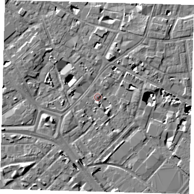 Shaded relief map of the ground around SE14TS, computed from Environment Agency LiDAR. The ground here sits at about 2 m above sea level and falls 8 m across the surrounding 800 m. Surface water reaching this point runs off ground lying to the west-south-west, 4.6 m higher.