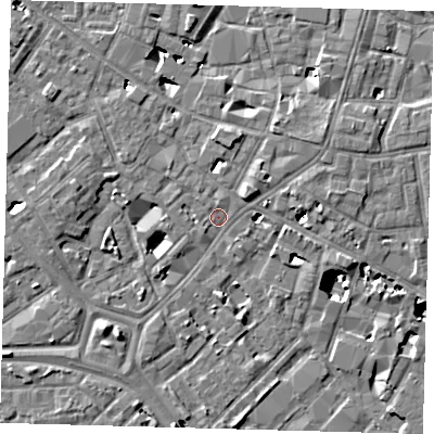 Shaded relief map of the ground around SE14TW, computed from Environment Agency LiDAR. The ground here sits at about 3 m above sea level and falls 8 m across the surrounding 800 m. Surface water reaching this point runs off ground lying to the north-east, 2.4 m higher.