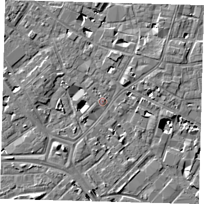 Shaded relief map of the ground around SE14UD, computed from Environment Agency LiDAR. The ground here sits at about 3 m above sea level and falls 8 m across the surrounding 800 m. Surface water reaching this point runs off ground lying to the north, 1.2 m higher.