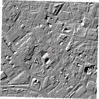 Shaded relief map of the ground around SE14UE, computed from Environment Agency LiDAR. The ground here sits at about 3 m above sea level and falls 8 m across the surrounding 800 m. Surface water reaching this point runs off ground lying to the north, 1.1 m higher.