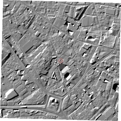 Shaded relief map of the ground around SE14UF, computed from Environment Agency LiDAR. The ground here sits at about 3 m above sea level and falls 8 m across the surrounding 800 m. Surface water reaching this point runs off ground lying to the north-west, 4.8 m higher.