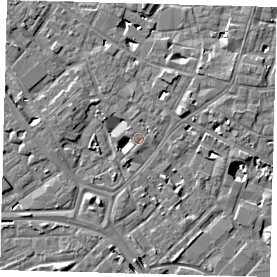 Shaded relief map of the ground around SE14UH, computed from Environment Agency LiDAR. The ground here sits at about 3 m above sea level and falls 8 m across the surrounding 800 m. Surface water reaching this point runs off ground lying to the north-north-east, 1.2 m higher.