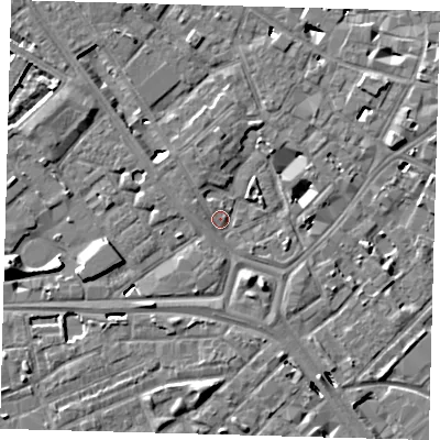 Shaded relief map of the ground around SE14UT, computed from Environment Agency LiDAR. The ground here sits at about 3 m above sea level and falls 10 m across the surrounding 800 m. Surface water reaching this point runs off ground lying to the north-west, 1.9 m higher.