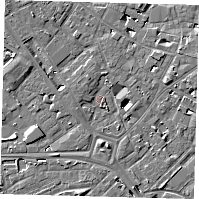 Shaded relief map of the ground around SE14UX, computed from Environment Agency LiDAR. The ground here sits at about 3 m above sea level and falls 6 m across the surrounding 800 m. Surface water reaching this point runs off ground lying to the north-west, 4.8 m higher.