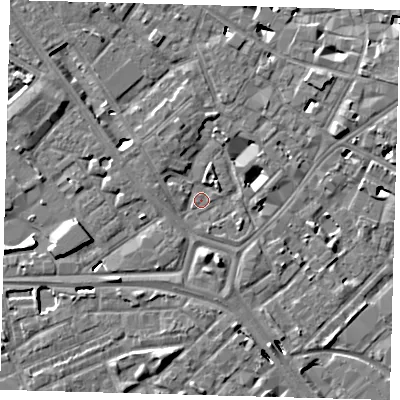 Shaded relief map of the ground around SE14UZ, computed from Environment Agency LiDAR. The ground here sits at about 2 m above sea level and falls 6 m across the surrounding 800 m. Surface water reaching this point runs off ground lying to the west-north-west, 1.9 m higher.