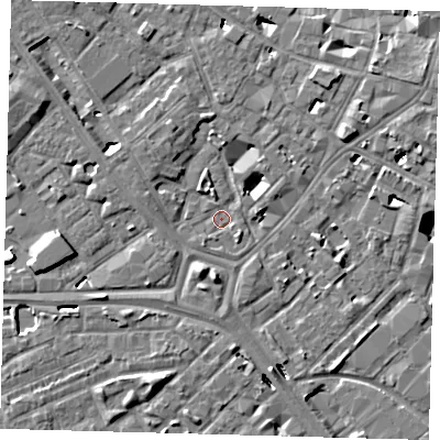 Shaded relief map of the ground around SE14XB, computed from Environment Agency LiDAR. The ground here sits at about 2 m above sea level and falls 7 m across the surrounding 800 m. Surface water reaching this point runs off ground lying to the south-west, 1.0 m higher.