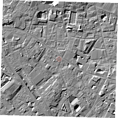 Shaded relief map of the ground around SE14XE, computed from Environment Agency LiDAR. The ground here sits at about 3 m above sea level and falls 6 m across the surrounding 800 m. Surface water reaching this point runs off ground lying to the north-north-west, 0.6 m higher.