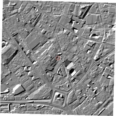 Shaded relief map of the ground around SE14XJ, computed from Environment Agency LiDAR. The ground here sits at about 2 m above sea level and falls 6 m across the surrounding 800 m. Surface water reaching this point runs off ground lying to the north-west, 4.8 m higher.