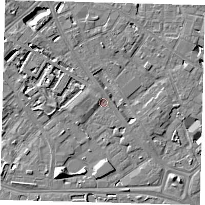 Shaded relief map of the ground around SE14YF, computed from Environment Agency LiDAR. The ground here sits at about 3 m above sea level and falls 10 m across the surrounding 800 m. Surface water reaching this point runs off ground lying to the north-north-west, 4.4 m higher.