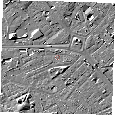 Shaded relief map of the ground around SE14YL, computed from Environment Agency LiDAR. The ground here sits at about 3 m above sea level and falls 10 m across the surrounding 800 m. Surface water reaching this point runs off ground lying to the north, 1.2 m higher.