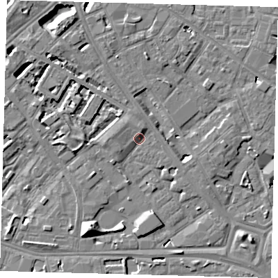 Shaded relief map of the ground around SE14YP, computed from Environment Agency LiDAR. The ground here sits at about 3 m above sea level and falls 10 m across the surrounding 800 m. Surface water reaching this point runs off ground lying to the north, 1.9 m higher.
