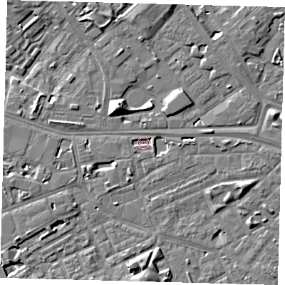 Shaded relief map of the ground around SE14YS, computed from Environment Agency LiDAR. The ground here sits at about 2 m above sea level and falls 10 m across the surrounding 800 m. Surface water reaching this point runs off ground lying to the south, 7.2 m higher.