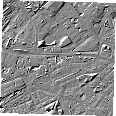 Shaded relief map of the ground around SE14YT, computed from Environment Agency LiDAR. The ground here sits at about 1 m above sea level and falls 10 m across the surrounding 800 m. Surface water reaching this point runs off ground lying to the south-south-west, 7.2 m higher.