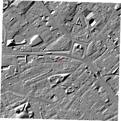 Shaded relief map of the ground around SE14YU, computed from Environment Agency LiDAR. The ground here sits at about 3 m above sea level and falls 10 m across the surrounding 800 m. Surface water reaching this point runs off ground lying to the north-north-east, 0.9 m higher.