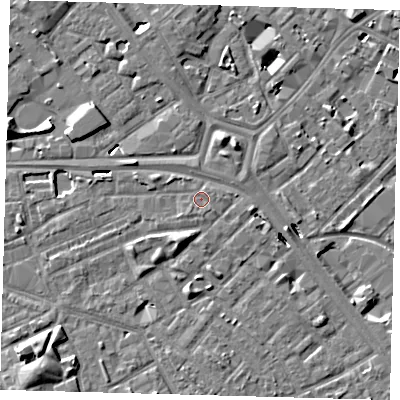 Shaded relief map of the ground around SE14YX, computed from Environment Agency LiDAR. The ground here sits at about 3 m above sea level and falls 9 m across the surrounding 800 m. Surface water reaching this point runs off ground lying to the south-east, 0.7 m higher.