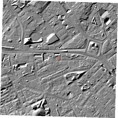 Shaded relief map of the ground around SE14YY, computed from Environment Agency LiDAR. The ground here sits at about 3 m above sea level and falls 10 m across the surrounding 800 m. Surface water reaching this point runs off ground lying to the north-north-west, 1.1 m higher.