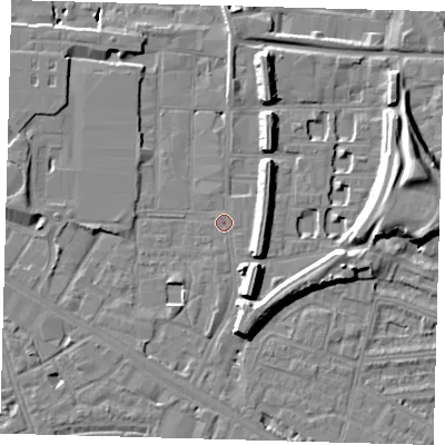 Shaded relief map of the ground around SE151AN, computed from Environment Agency LiDAR. The ground here sits at about 2 m above sea level and falls 15 m across the surrounding 800 m. Surface water reaching this point runs off ground lying to the south-south-east, 7.4 m higher.
