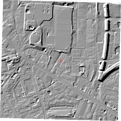 Shaded relief map of the ground around SE151AR, computed from Environment Agency LiDAR. The ground here sits at about 2 m above sea level and falls 8 m across the surrounding 800 m. Surface water reaching this point runs off ground lying to the west, 2.0 m higher.