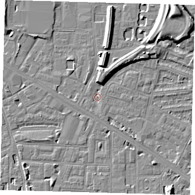 Shaded relief map of the ground around SE151AS, computed from Environment Agency LiDAR. The ground here sits at about 2 m above sea level and falls 13 m across the surrounding 800 m. Surface water reaching this point runs off ground lying to the north-north-east, 7.4 m higher.