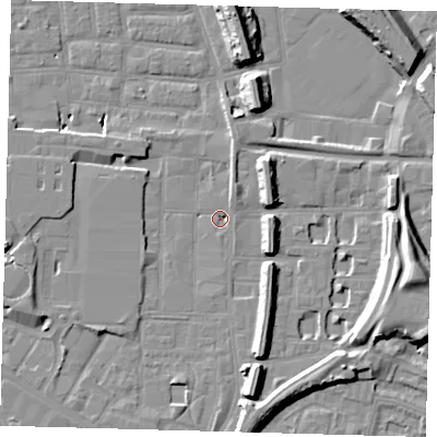 Shaded relief map of the ground around SE151AW, computed from Environment Agency LiDAR. The ground here sits at about 2 m above sea level and falls 15 m across the surrounding 800 m. Surface water reaching this point runs off ground lying to the south, 8.1 m higher.