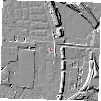 Shaded relief map of the ground around SE151BF, computed from Environment Agency LiDAR. The ground here sits at about 2 m above sea level and falls 15 m across the surrounding 800 m. Surface water reaching this point runs off ground lying to the south-south-east, 6.8 m higher.